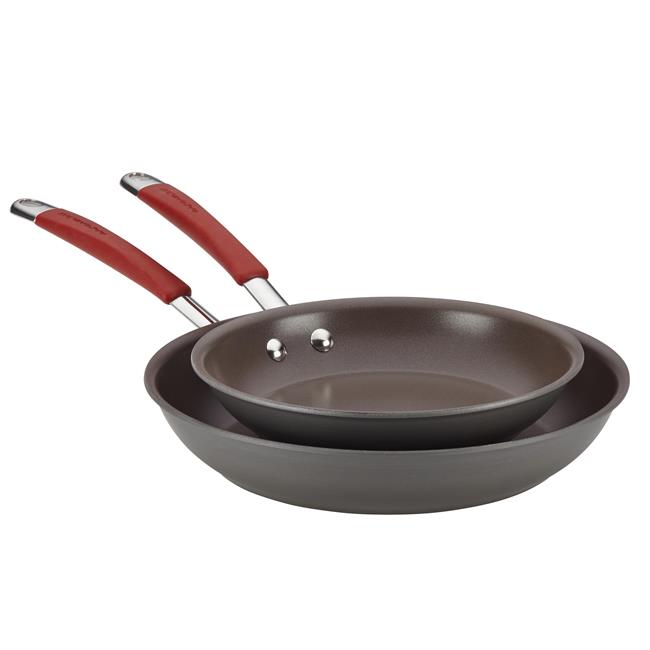 87633 Cucina Hard-anodized Nonstick Twin Pack Skillet Set, Gray With Cranberry Red Handles