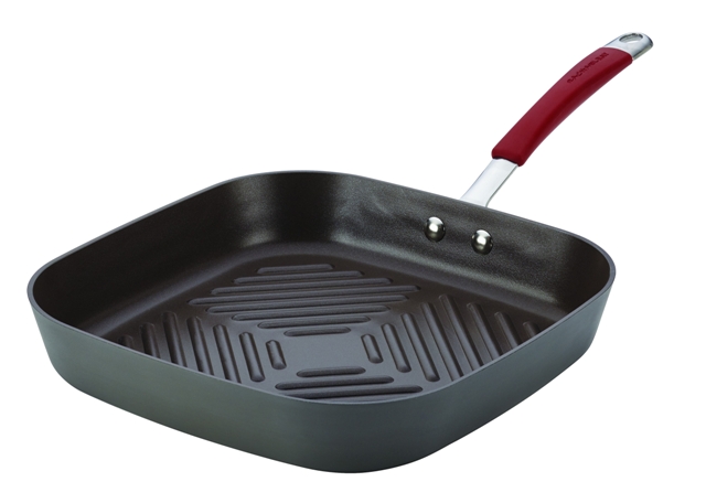 87632 Cucina Hard-anodized Nonstick 11 In. Deep Square Grill Pan, Gray With Cranberry Red Handle