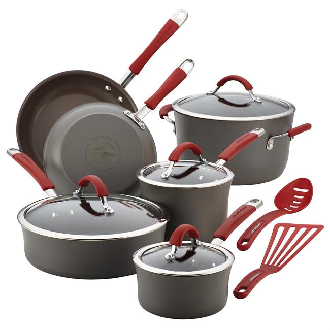 87630 Cucina Hard-anodized Nonstick 12-piece Cookware Set, Gray With Cranberry Red Handles