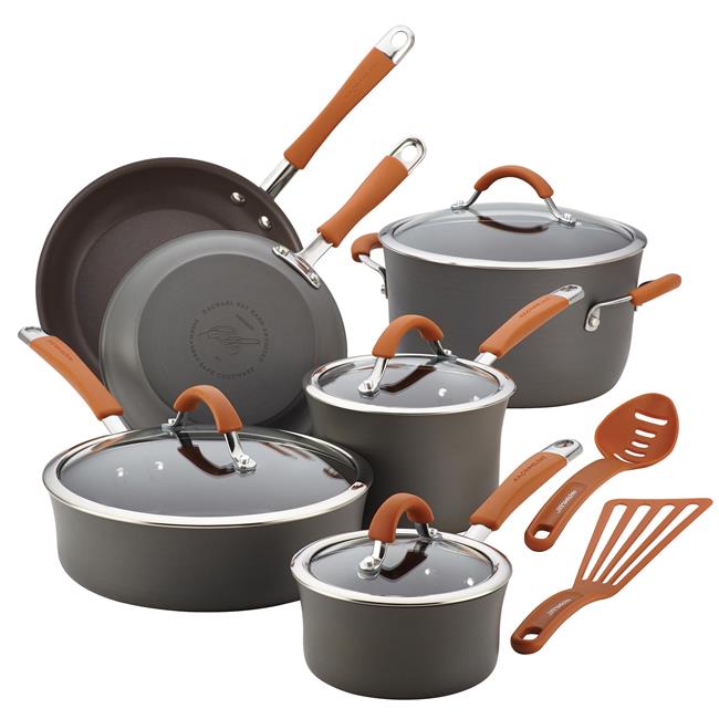 87635 Cucina Hard-anodized Nonstick 12-piece Cookware Set, Gray With Pumpkin Orange Handles