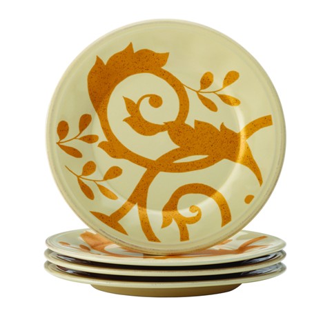 57641 Dinnerware Gold Scroll 4-piece Round Appetizer Plate Set, Almond Cream