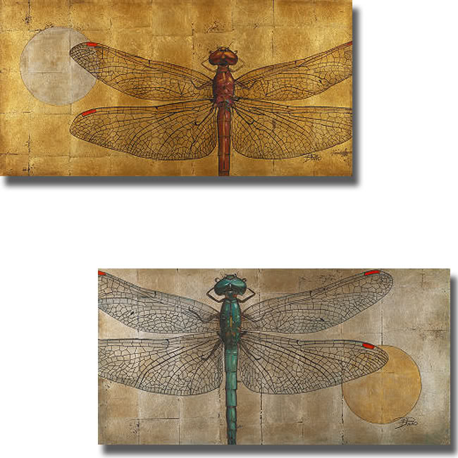 1224565s Dragonfly On Silver And Dragonfly On Gold By Patricia Pinto 2 Piece Premium Stretched Canvas Wall Art Set