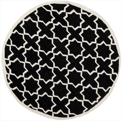 Dhu549l-6r 6 Ft. X 6 Ft. Round Contemporary Dhurries, Black And Ivory, Flatweave Rug