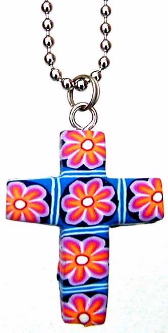 004753 Pink Fimo Flowered Cross 18 In. Necklace