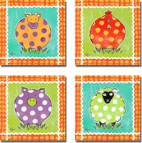 1212623s Familiar Friends Collection Cow, Hen, Pig, & Sheep By Rebecca Lyon Premium Stretched Canvas Wall Art Set - 4 Piece