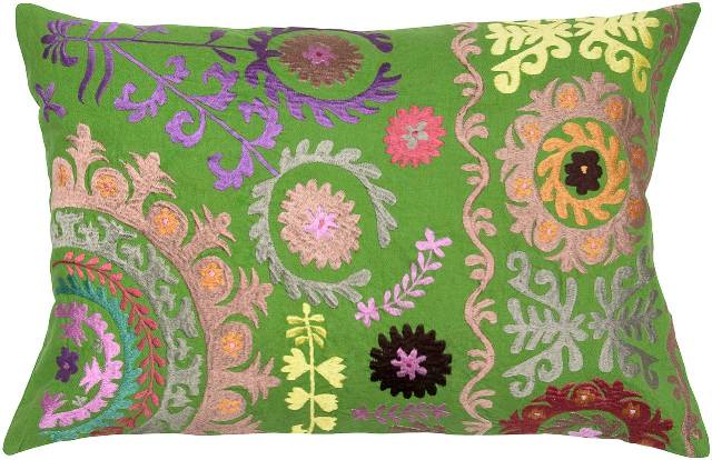 Suzani Floral Embroidery Pillow, Green
