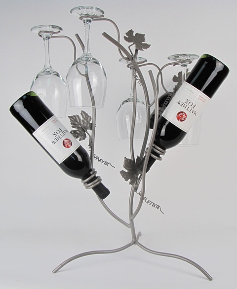 29599 3-bottle And 4-stem Tabletop Wine Tree-pewter Powder Coat Finish