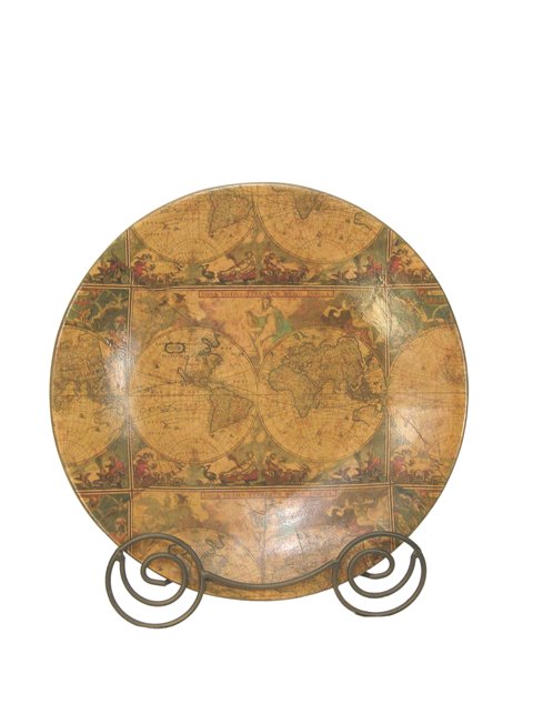 87515 High-fired Ceramic Charger Plate With Easel-old World Map Paper Design Antiqued