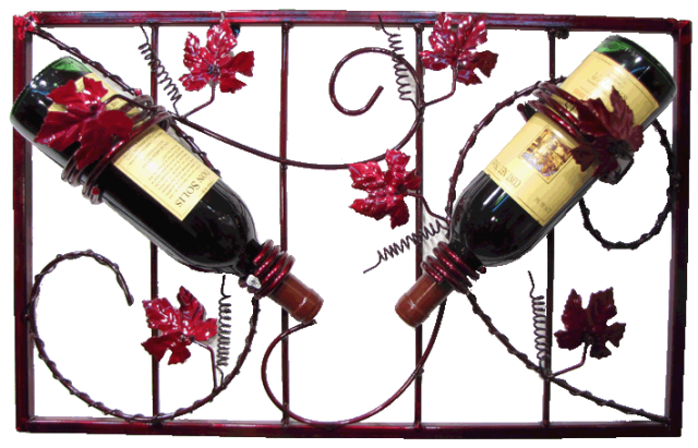 28597 Grape Leaf Design Wall Two Bottle Wine Rack-rich Merlot Finish
