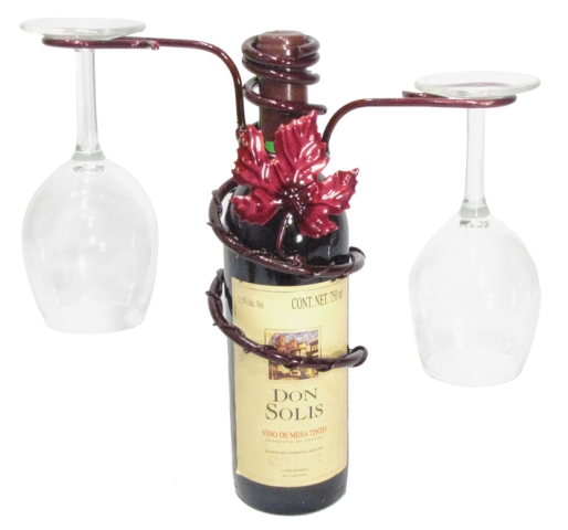 28596 Grapevine Style Iron 2 Stem Holder Wine Bottle Topper, Merlot Finish