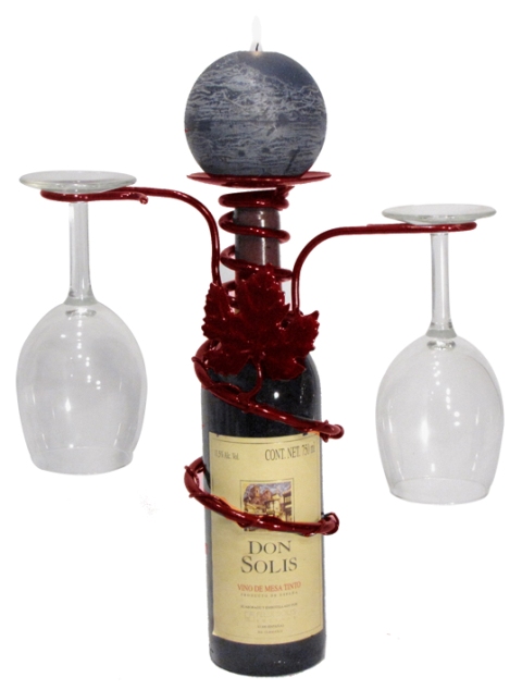 28595 Grapevine Style Iron 2 Stem Holder Wine Bottle Topper With Center Candle Plate, Merlot Finish