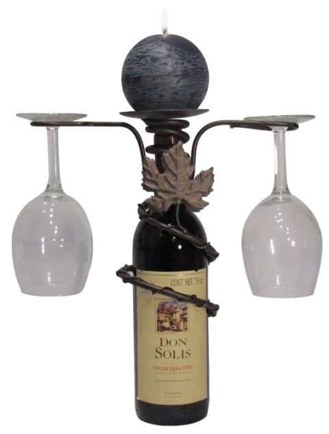 21595 Grapevine Style Iron 2 Stem Holder Wine Bottle Topper With Center Candle Plate, Meteor Finish