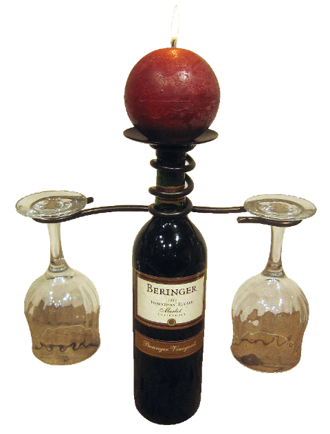 21075 Iron 2 Stem Holder Wine Bottle Topper With Center Candle Plate, Meteor Finish