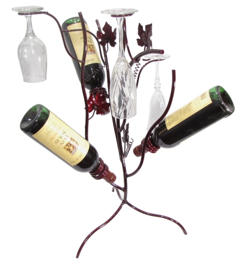 28599 Iron Wine Bottle And Glass Stem Tree, Merlot Finish