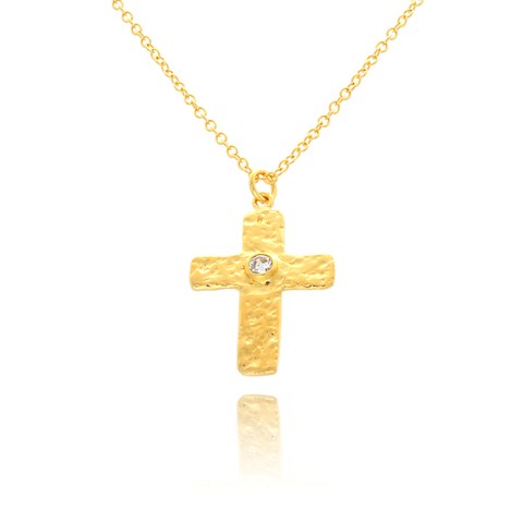 Nb1925g Textured Cross Cz Center Charm Pendant Necklace, Gold
