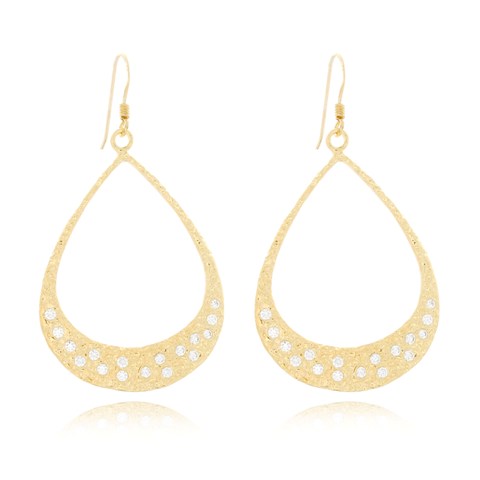 Eb2007g Hammered Flat Teardrop With Cz Hook Earrings, Gold