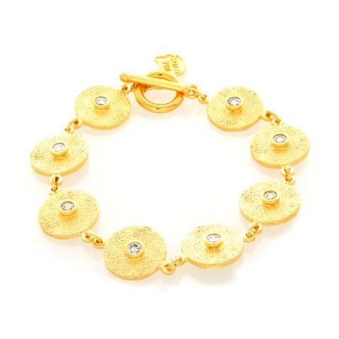Bb1210g Textured Round Plate Clear Cz Toggle Bracelet, Gold