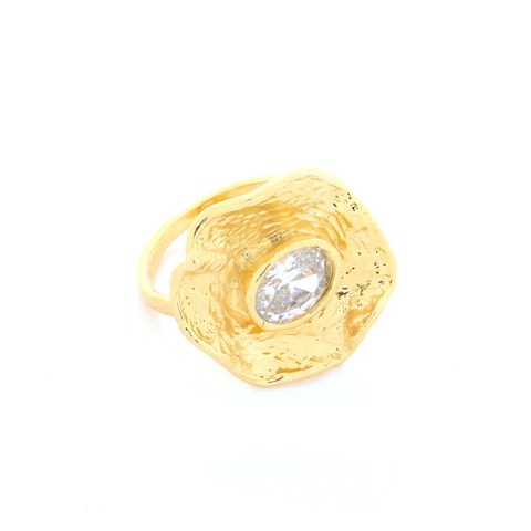 Rb1134g5 Wrinkled Flower Ring With Oval Cz Size 5, Gold
