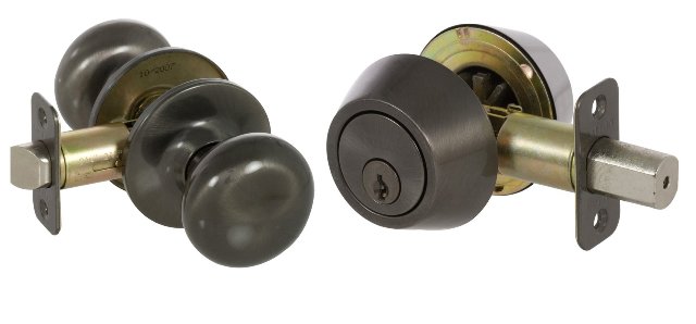 Ks3008 Saxon Series Grade 3 Keyed Entry Knob & Single Cylinder Deadbolt Set, Antique Brass