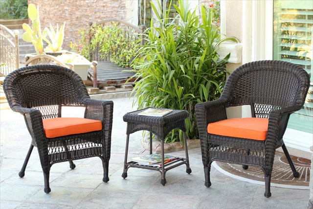 W00201_2-ces016 3 Piece Espresso Wicker Chair And End Table Set With Orange Chair Cushion