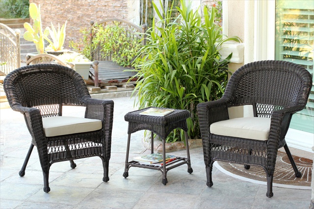 W00201_2-ces006 3 Piece Espresso Wicker Chair And End Table Set With Tan Chair Cushion
