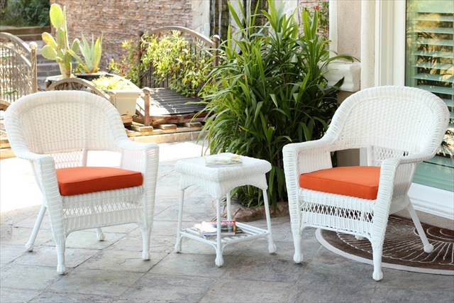 3 Piece White Wicker Chair And End Table Set With Orange Chair Cushion