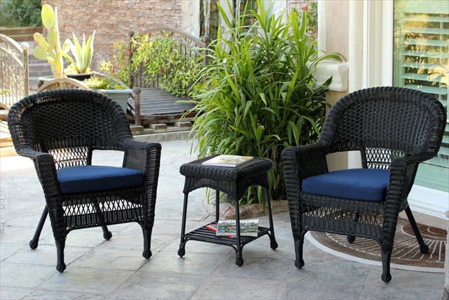 3 Piece Black Wicker Chair And End Table Set With Blue Cushion