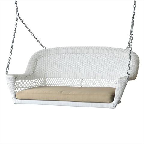 White Wicker Porch Swing With Tan Cushion