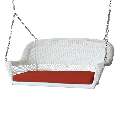 White Wicker Porch Swing With Red Cushion