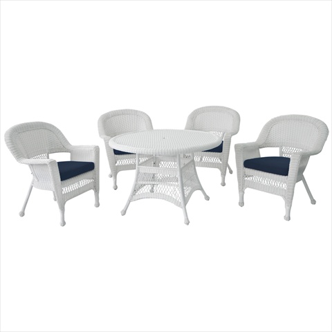 W00206d-b-g-fs011 5 Piece White Wicker Dining Set - Blue Cushions