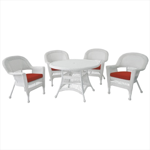 W00206d-b-g-fs018 5 Piece White Wicker Dining Set - Red Cushions