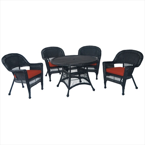 W00207d-d-g-fs018 5 Piece Black Wicker Dining Set - Red Cushions