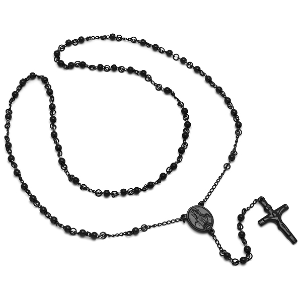 Mens Stainless Steel Rosary Necklace In Black Ip