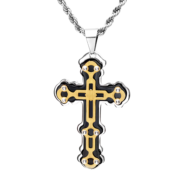 Mens Stainless Steel Cross Pendant In Tri-color