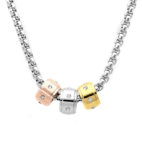 Ladies Stainless Steel Necklace With Tri-color Charms And Simulated Diamonds