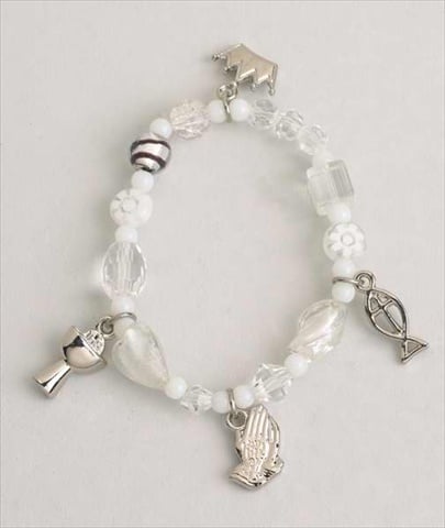 127922 Bracelet Communion Bead & Charm Stretch With Prayer Card