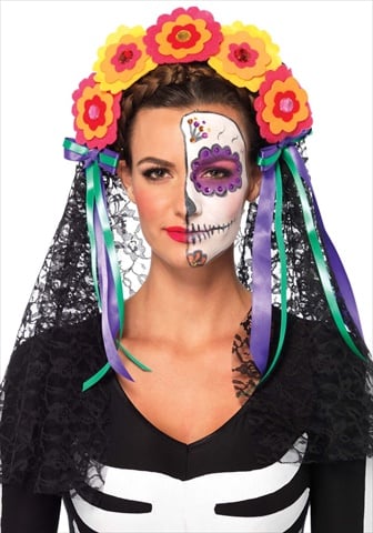 A2726 Day Of The Dead Flower Headband With Lace Veil One Size Multicolor