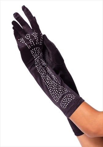 2710 Rhinestone Bone Elbow Length Gloves One Size Black & Silver