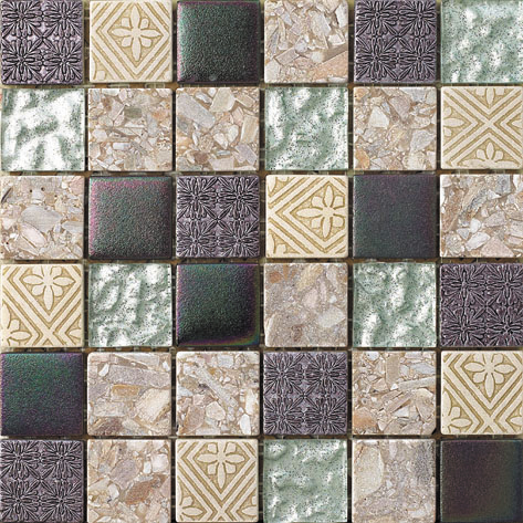 2 X 2 Hand Color Stone And Glass Square Gray, Dark Green And Tan Mixed