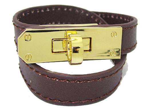 198bbr Coffee Brown Leather Bracelet Accented In Gold