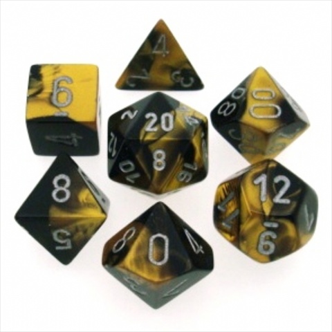 Manufacturing 26451 Cube Gemini Set Of 7 Dice - Black & Gold With Silver Numbering