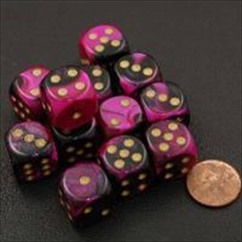Manufacturing 26640 D6 Cube Gemini Set Of 12 Dice, 16 Mm - Black & Purple With Gold Numbering