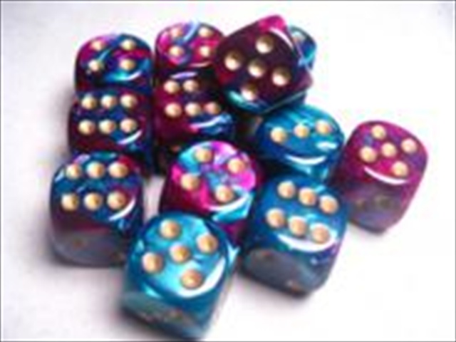 Manufacturing 26649 D6 Cube Gemini Set Of 12 Dice, 16 Mm - Purple & Teal With Gold Numbering