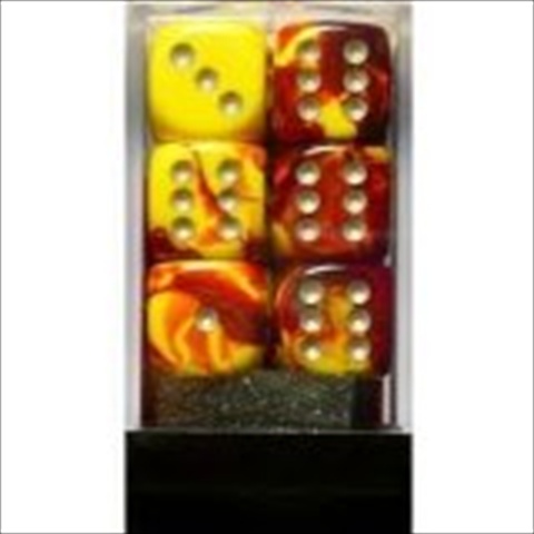 Manufacturing 26650 D6 Cube Gemini Set Of 12 Dice, 16 Mm - Red & Yellow With Silver Numbering