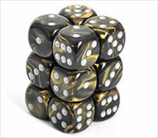 Manufacturing 26651 D6 Cube Gemini Set Of 12 Dice, 16 Mm - Black & Gold With Silver Numbering