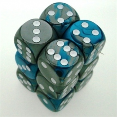 Manufacturing 26656 D6 Cube Gemini Set Of 12 Dice, 16 Mm - Steel & Teal With White Numbering