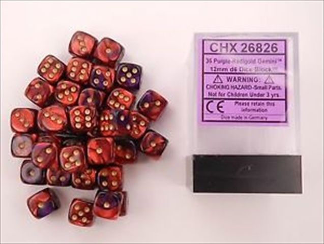 Manufacturing 26826 D6 Cube Gemini Set Of 36 Dice, 12 Mm - Purple & Red With White Numbering