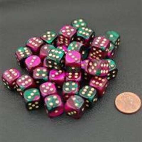 Manufacturing 26834 D6 Cube Gemini Set Of 36 Dice, 12 Mm - Green & Purple With Gold Numbering