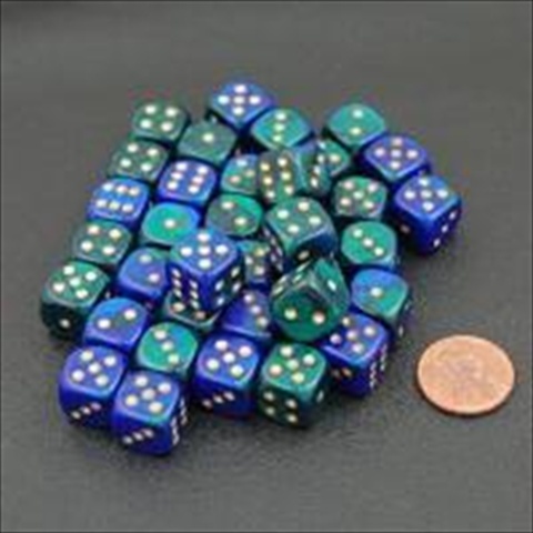 Manufacturing 26836 D6 Cube Gemini Set Of 36 Dice, 12 Mm - Blue & Green With Gold Numbering