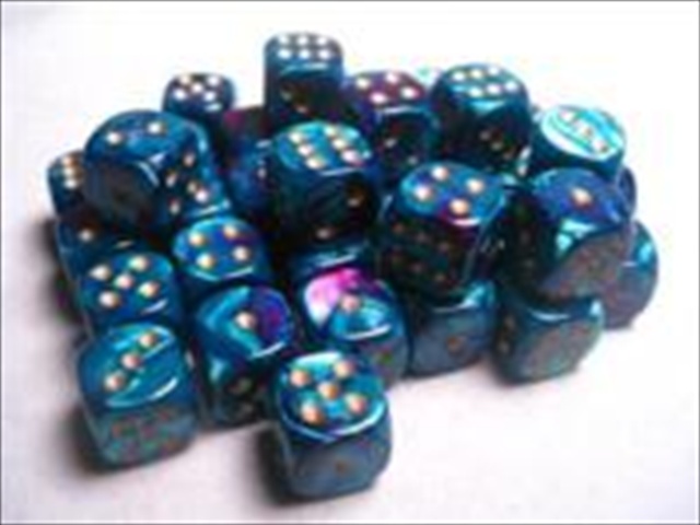 Manufacturing 26849 D6 Cube Gemini Set Of 36 Dice, 12 Mm - Purple & Teal With Gold Numbering